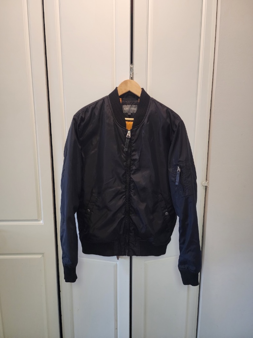 Slate & Stone Men's Bomber Jacket Size L Black Nylon Orange Liner Utility Jacket